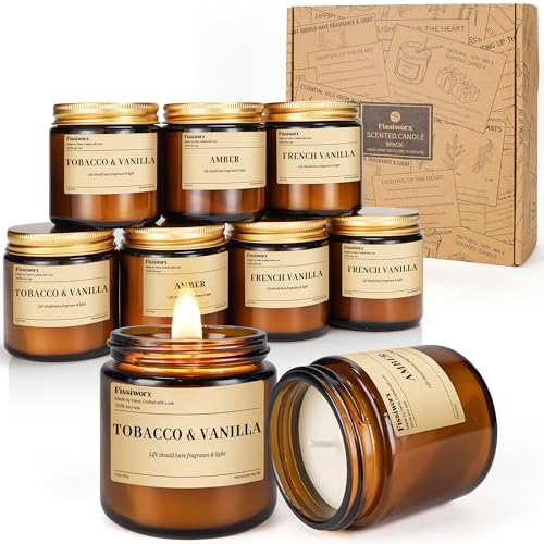 TOBACCO/Amber/Vanilla Soy Candles, 9 Pack - Long-Lasting 270 Hours