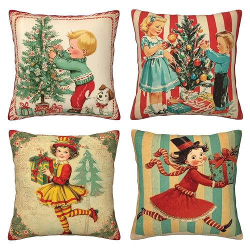 Retro Christmas Throw Pillow Covers Set of 4 - Winter Decorative Linen Cushions 18x18
