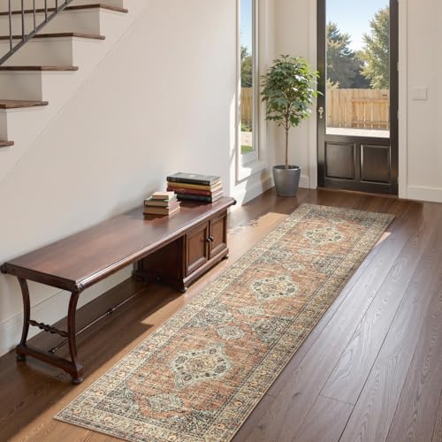 Lahome Terracotta Oriental Runner Rug 2.5x10ft Non-Slip Hallway Carpet - Machine Washable, Ultra Soft