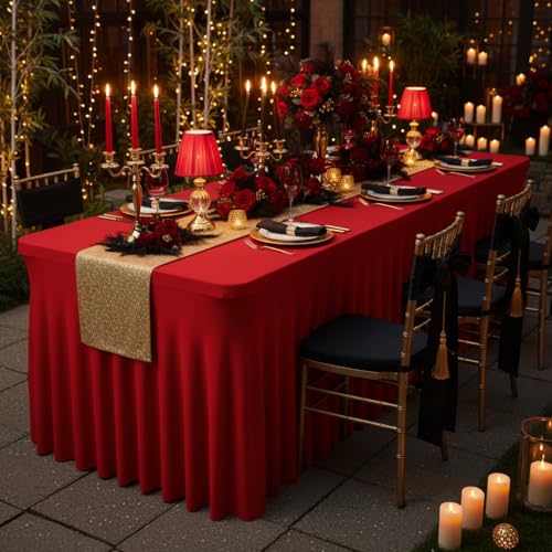 Red Spandex Tablecloth with Skirt for 6FT Tables – Wrinkle-Free,