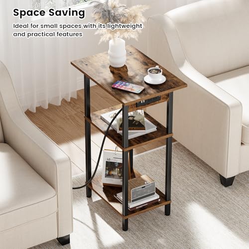 Rustic Brown Tall End Table with Charging Station - 30 Inch Nightstand with Storage