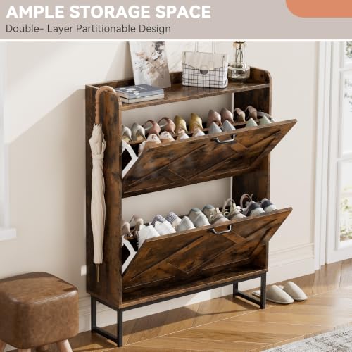 Nicetree Rustic Brown Shoe Storage Cabinet with 2 Flip Drawers, Slim Entryway Organizer