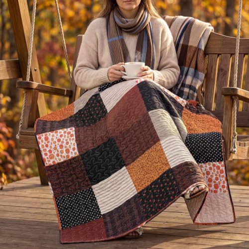 Fall Pumpkin Patchwork Quilted Throw Blanket 50x66 Inches - Autumn Decor