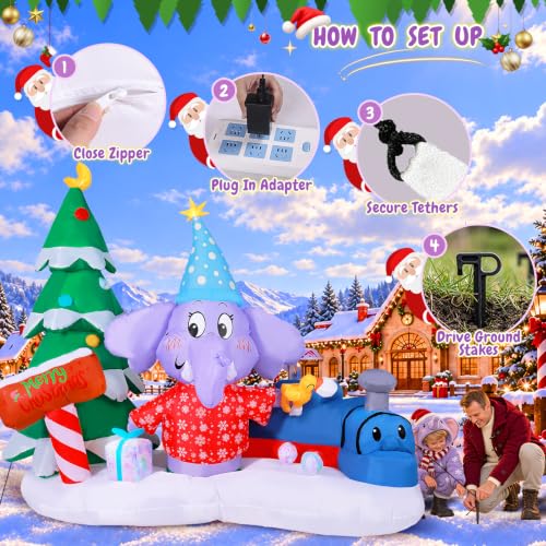 GIFTFIND 7.9 FT Christmas Elephant Train Inflatable Outdoor Decor with LEDs - Elephant Train Variant