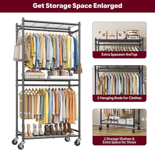 12.1"D x 33.1"W x 78" Black Clothes Rack with Shelves & Hooks - Portable Closet