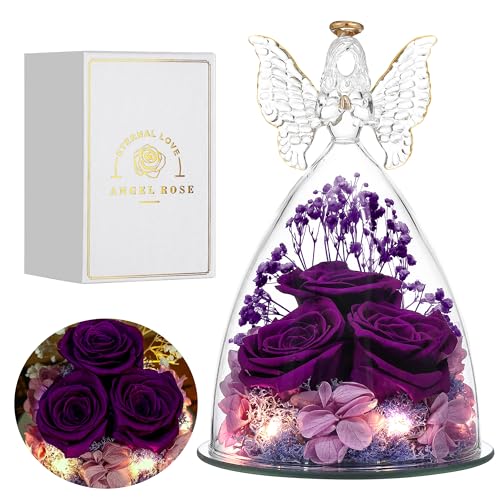 Tiaronics Purple Preserved Rose Gift in Glass Angel Figurine for Women, Mother's Day