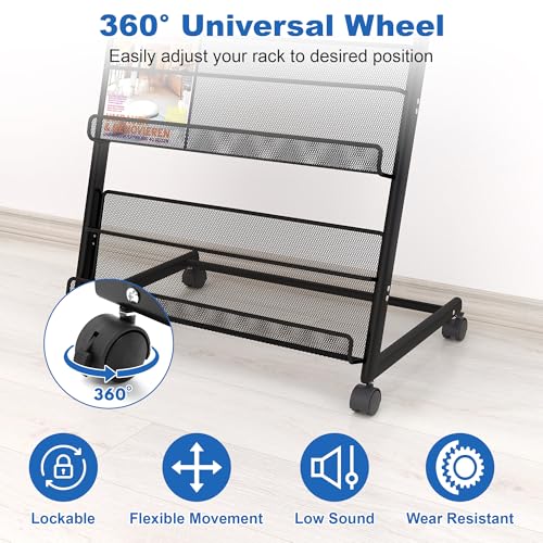 4-Layer Floor Standing Magazine Rack with Wheels & Top Billboard for Exhibitions & Offices
