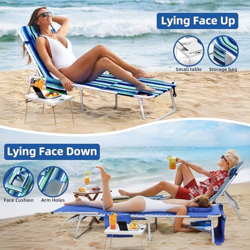 Yestomo 3-in-1 Outdoor Beach Lounge Chair with Face Holes & Side Table, Recliner, Flat Lay, Blue