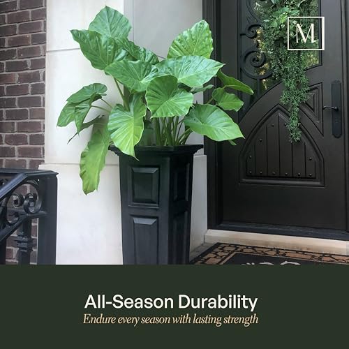 Self-Watering Square Planter Pot - 32in Tall Black Outdoor Garden Container with Drainage