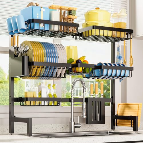 Black 3-Tier Over-The-Sink Dish Drying Rack - Adjustable Stainless Steel Kitchen Organizer