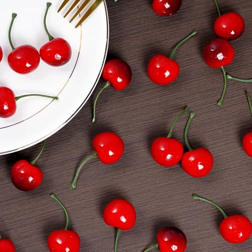 jiebor 60Pcs Fake Cherries Artificial Plastic Faux Fruit Ornament for Birthday Party Decoration Photography Props Kitchen Home Market Display