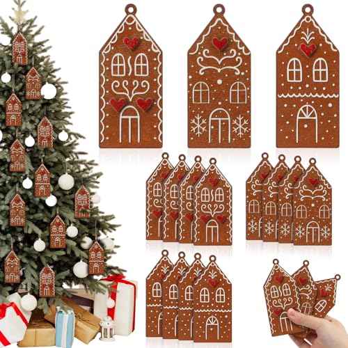 Thyle 12 Pcs Wooden Gingerbread House Hanging Ornament Xmas Tree Tag Decoration Wooden House for Craft Small Hanging Ornament with Rope for Holiday Winter Gift Decor Supplies