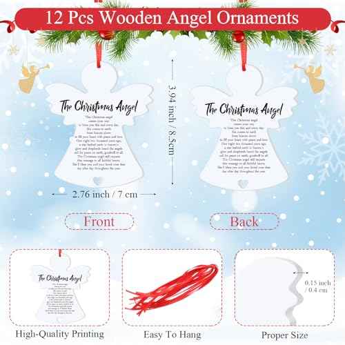 Barydat 12 Pcs Christmas Wooden Angel Ornaments Angel Hanging Ornaments for Christmas Tree Decoration Double Sided White Angel Pray Sign for Xmas Tree Fireplace Friend Family