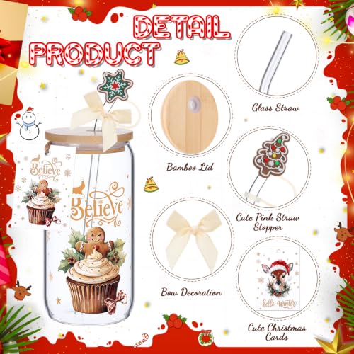 Vesici 6-Set Vintage Can Shaped 16 oz Christmas Glasses with Lids, Straws, Bow & Cards – Retro Gift Pack