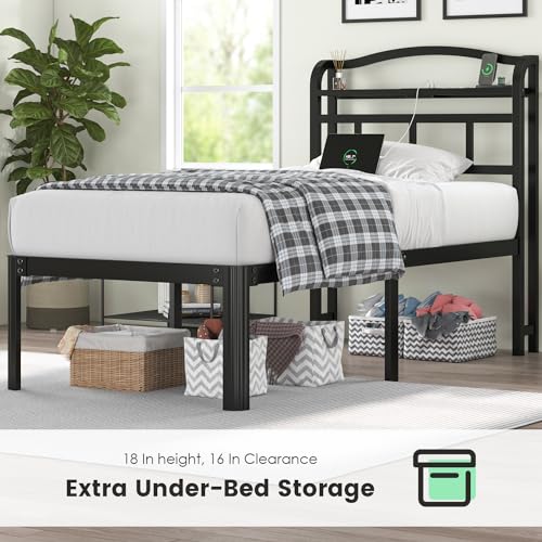 18 Inch Twin Size Bed Frame with Storage Headboard and Charging Station