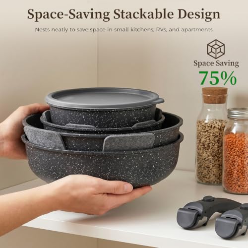 YASHE 15-Piece Nonstick Cookware Set with Removable Handles - Gray, Oven Safe