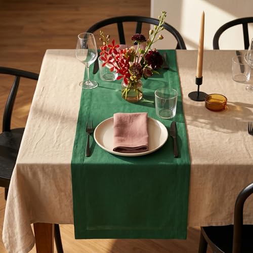 Solino Home 100% Linen Table Runner 14 x 120 Inches Pine Green - Handmade European Flax