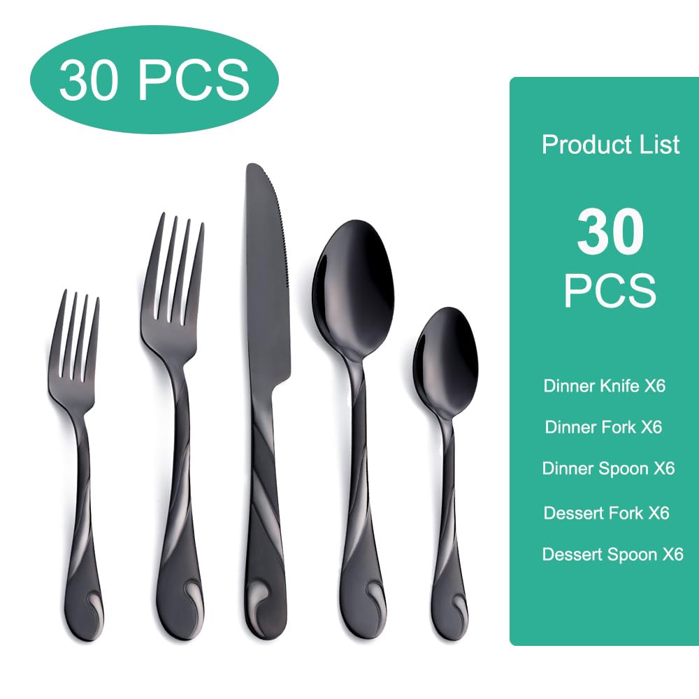 Seeshine Black Silverware Set for 6, 30-Piece Stainless Steel Flatware Set, Shiny Black Metal Cutlery Set, Include Fork, Knife and Spoon Set, Dishwasher Safe