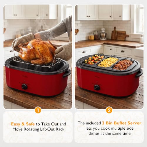 Sunvivi Red 28QT Electric Roaster Oven with Buffet Server for Large Turkey