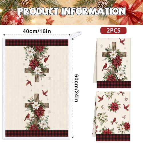 VISSTREE Multi-Poinsettia Cross Christmas Kitchen Towels Set, 2 Pcs Faith Holiday Decor