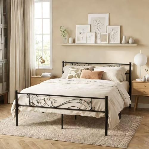 Weehom Full Size Platform Bed Black with Flower Design - Easy Assembly, Heavy Duty Metal Slats