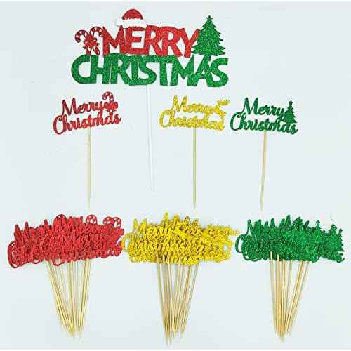 JOZON 37 Pack Gold Red Green Merry Christmas Cake Topper and Cupcake Toppers Set Glittery Xmas Holiday Cupcake Picks Christmas Party Cake Supplies Decoration
