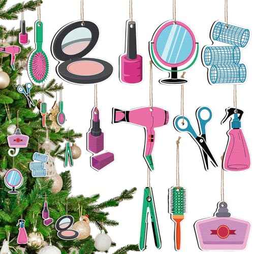 24 Pcs Hairdresser Ornaments Christmas Tree Hair Salon Barber Decorations Hairstylist Gifts Wooden Makeup Hanging Ornaments for Hair Salon Barber Christmas Decor(Women)