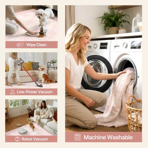Pink Flower Washable Area Rug 5' x 7' Non-Slip Floral Living Room Decor