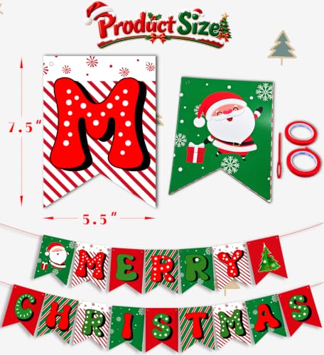 Red and Green Merry Christmas Banner - Indoor Outdoor Xmas Decorations for Home Fireplace