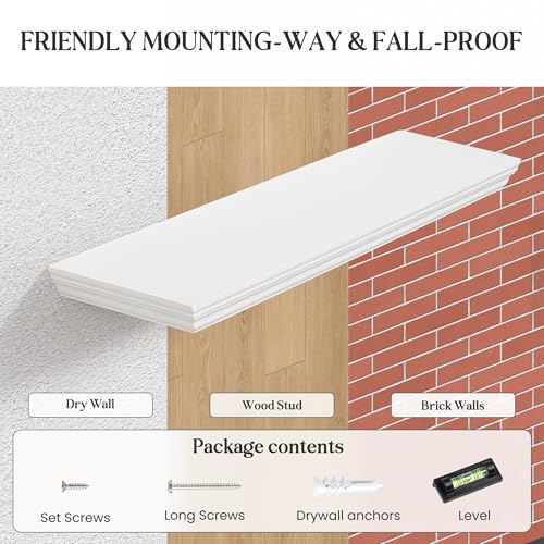 Fun Memories 24-Inch White Crown Molding Floating Shelves Set of 2 Wall Decor
