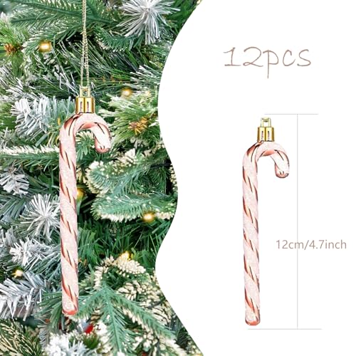 HERZWILD 12Pcs Rose Gold Glitter Candy Cane Christmas Tree Ornaments Holiday Decor
