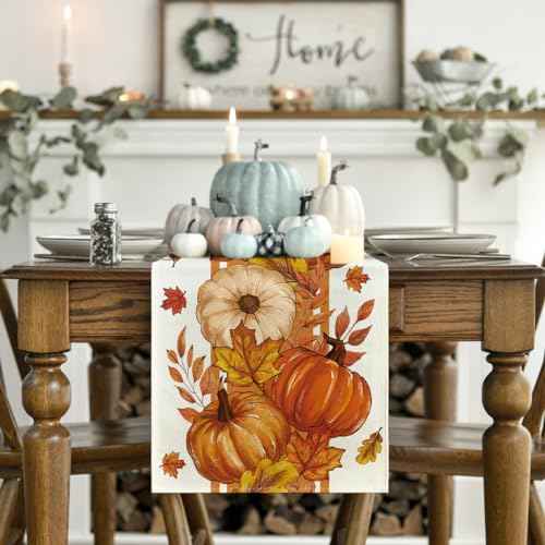 Artoid Mode Orange Pumpkin Maple Leaf Stripes Fall Table Runner, Seasonal Autumn Kitchen Dining Table Decoration for Home Party Decor 13x72 Inch