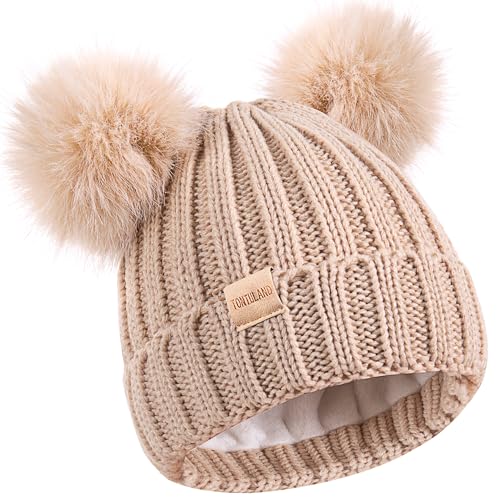 Tontuland Kids Winter Beanie Hat Beig e Pom Pom Fleece Lined Knit Cap for Boys & Girls