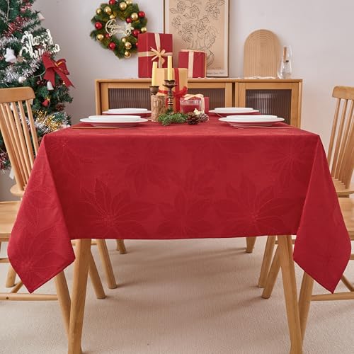 Anlass 70x52 Inch Christmas Poinsettia Jacquard Tablecloth Waterproof & Wrinkle-Resistant
