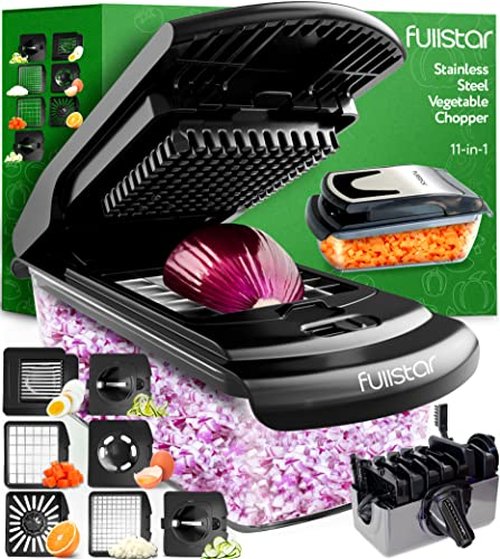 Fullstar Daily Vegetable Chopper and Mandoline Slicer - Kitchen Gadgets - Food Chopper with Container, Veggie Chopper, Fruit Cutter, Onion Dicer, Potato and Tomato Slicer for Salads (2-in-1, Black)