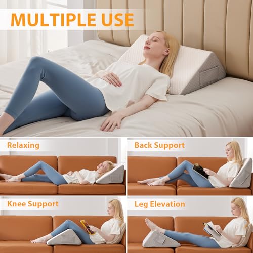 Ruqmuis White & Grey Knee Wedge Pillow for Back & Leg Support, 8" Leg Elevation Pillow for Pain Relief & Post-Surgery Recovery
