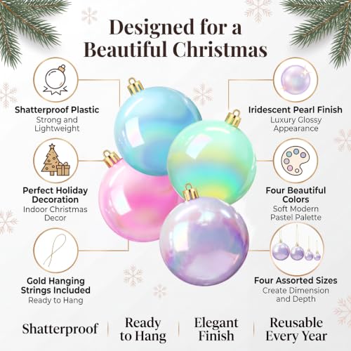 Civaner Pastel Candy Christmas Ball Ornaments 52-Pack, 4 Sizes, Plastic