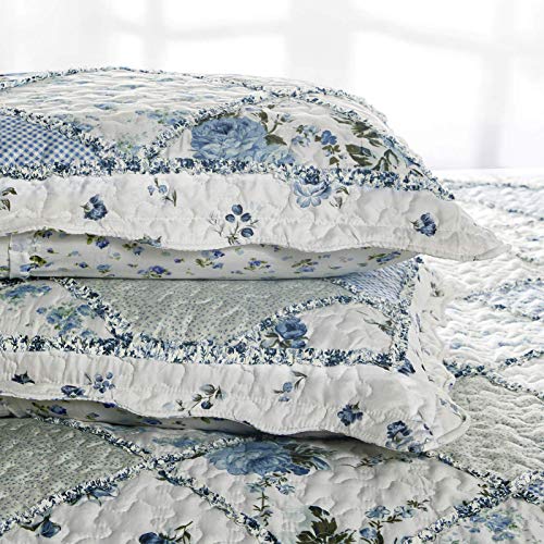 VIVILINEN Blue Floral Patchwork Quilt Set Full/Queen Size 87x95 - 3 Piece Bedding