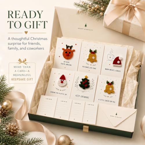 6 Pcs Christmas Greeting Cards with Removable Crochet Appliques - Holiday Seasonal Notes