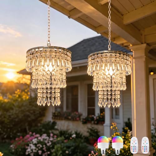 Battery Operated Pendant Light 2 Pack with Remote RGB Dimmable Crystal Hanging Lamp