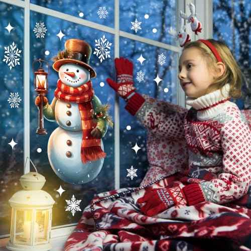 LOKIPA Large Christmas Window Clings, 2 Sheets Extra Large Santa Claus Snowman Window Clings Stickers with Snowflakes for Christmas Decorations