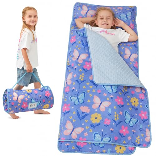 Kids Nap Mat with Pillow & Blanket - Purple Butterfly Toddler Sleep Set