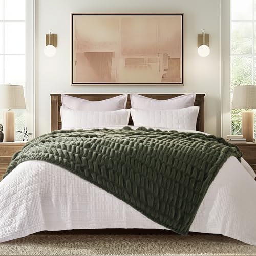 EverGrace Twin Faux Rabbit Fur Throw Blanket 60x80 Loden Green - Luxurious Cozy Bedding