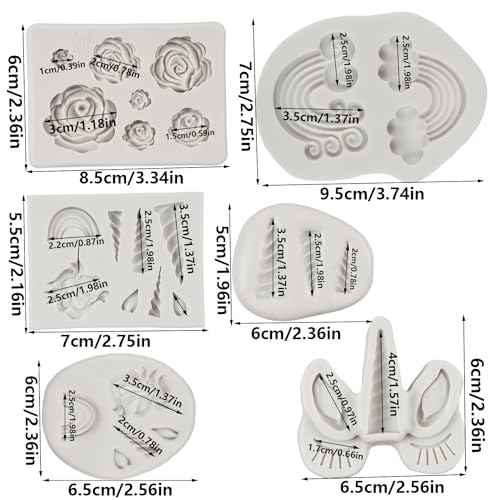 Unicorn Silicone Molds Unicorn Horn Ears Eyelash Rainbow Rose Flower Fondant Mold For Cake Decoration Cupcake Topper Sugar Craft Chocolate Candy Gum Paste Polymer Clay Set of 6