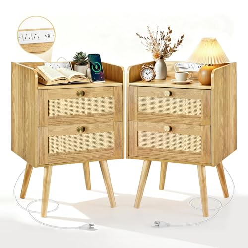 EOLULIG Rattan Nightstands Set of 2 with Natural Wood Finish, Boho Bedside Tables with 2 Drawers & Built-in Charging Station
