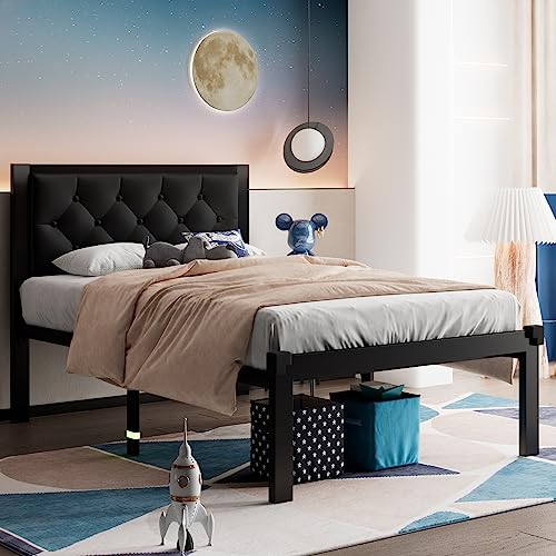 Twin Size Metal Bed Frame with Faux Leather Headboard - Black