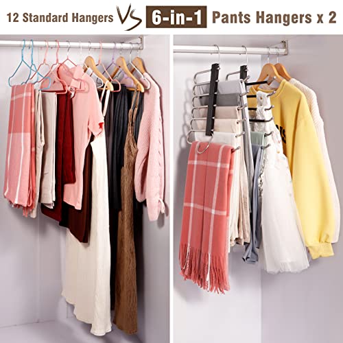 HUITEM 4 Pack Black 6-Tier Space Saving Pants Hangers - Anti-Slip Stainless Steel