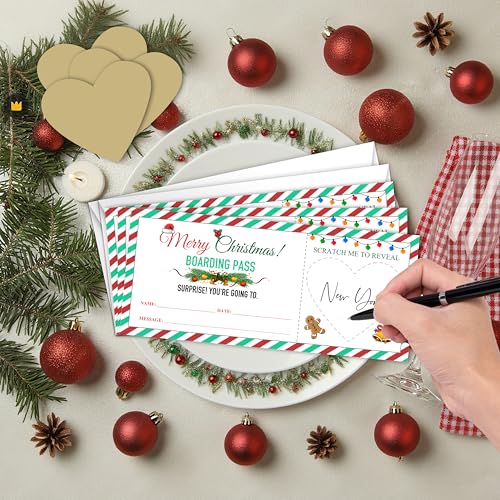 Christmas Travel Gift Tickets with Scratch-Off Plane Passes & Envelopes for Couples & Family
