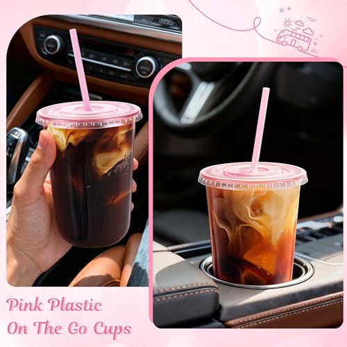 Pink Plastic Disposable Cups with Lids & Straws - 16oz, 100 Sets