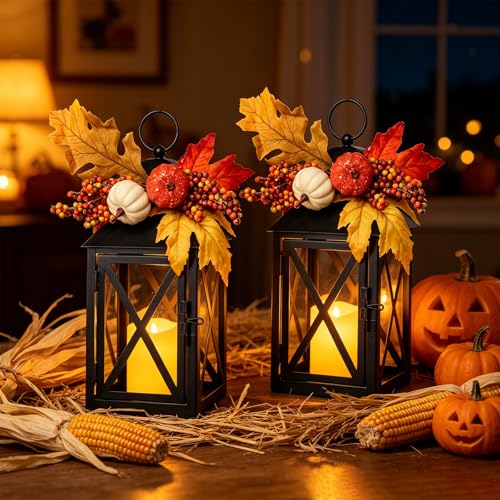 Fall Lanterns with LED Candles 2 Pack 12 Inch Thanksgiving Decor